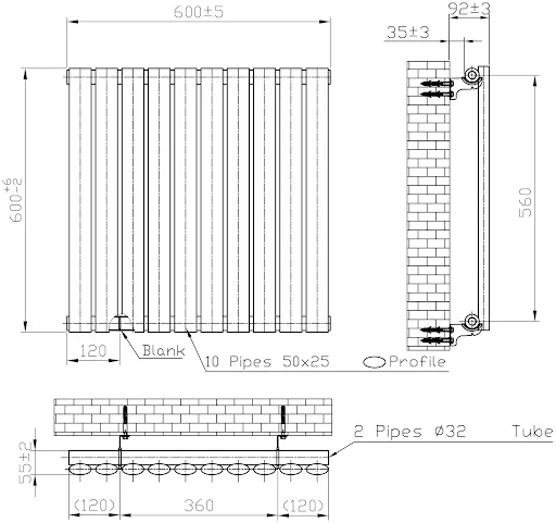 DuraTherm Horizontal Oval Tube Single Panel Designer Radiator - 600 X 600mm Black - Image 4