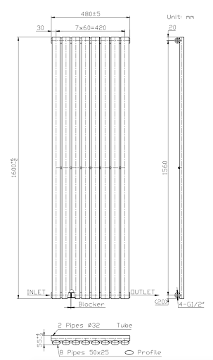 DuraTherm Vertical Oval Tube Single Panel Designer Radiator - 1600 X 480mm Anthracite - Image 7