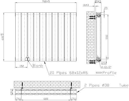 DuraTherm Horizontal Double Flat Panel Designer Radiator - 600 X 760mm Black - Image 4