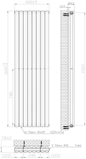 DuraTherm Vertical Oval Tube Double Panel Designer Radiator - 1600 X 480mm Black - Image 4