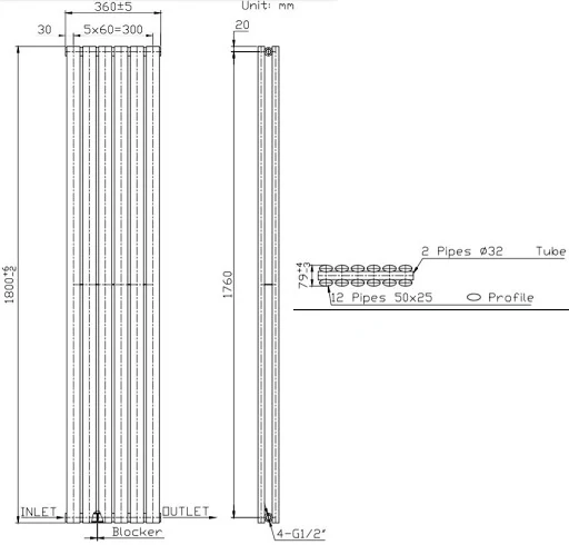 DuraTherm Vertical Oval Tube Double Panel Designer Radiator - 1800 X 360mm White - Image 7