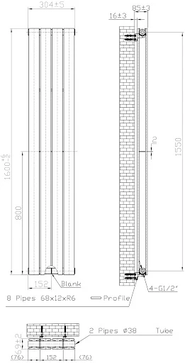 DuraTherm Vertical Double Flat Panel Designer Radiator - 1600 X 304mm Black - Image 4