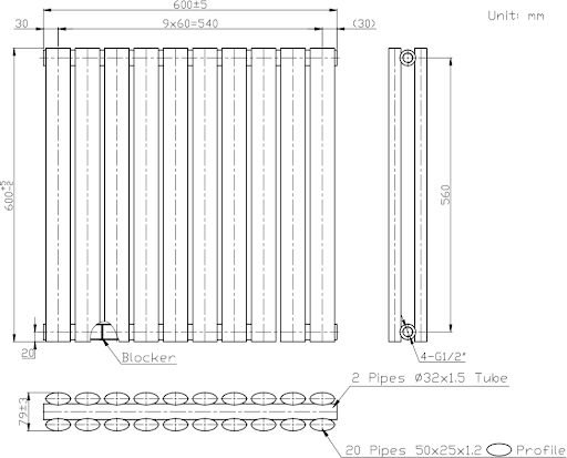DuraTherm Horizontal Oval Tube Double Panel Designer Radiator - 600 X 600mm White - Image 7