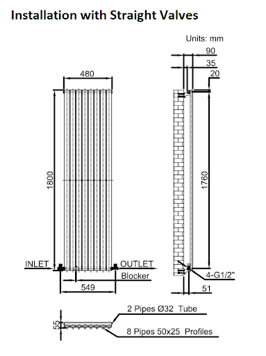 DuraTherm Vertical Oval Tube Single Panel Designer Radiator - 1800 X 480mm White - Image 9