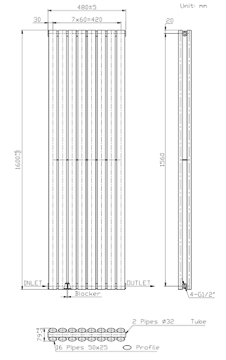 DuraTherm Vertical Oval Tube Double Panel Designer Radiator - 1600 X 480mm Anthracite - Image 7