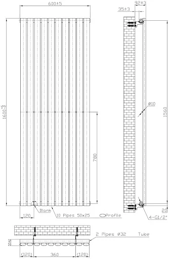 DuraTherm Vertical Oval Tube Single Panel Designer Radiator - 1600 X 600mm Black - Image 4