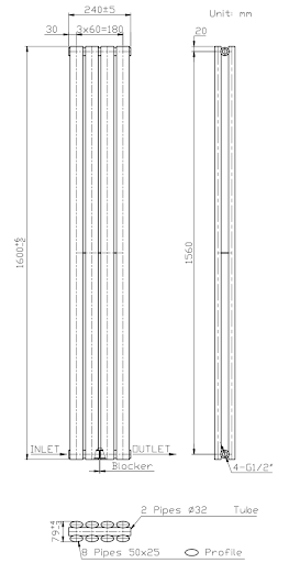 DuraTherm Vertical Oval Tube Double Panel Designer Radiator - 1600 X 240mm Anthracite - Image 7