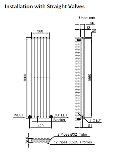 DuraTherm Vertical Oval Tube Double Panel Designer Radiator - 1600 X 360mm White - Image 9