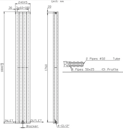 DuraTherm Vertical Oval Tube Double Panel Designer Radiator - 1800 X 240mm White - Image 7