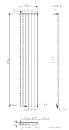 DuraTherm Vertical Oval Tube Single Panel Designer Radiator - 1800 X 360mm Anthracite - Image 7