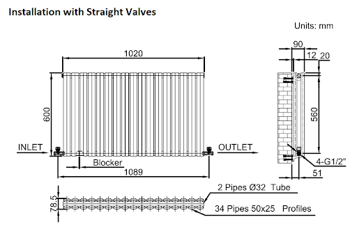 DuraTherm Horizontal Oval Tube Double Panel Designer Radiator - 600 X 1020mm Anthracite - Image 8