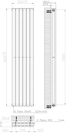 DuraTherm Vertical Oval Tube Double Panel Designer Radiator - 1600 X 360mm Black - Image 4