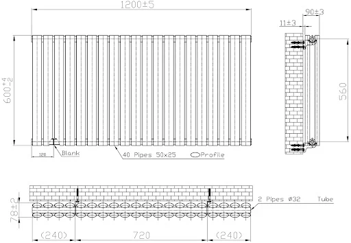 DuraTherm Horizontal Oval Tube Double Panel Designer Radiator - 600 X 1200mm Black - Image 4
