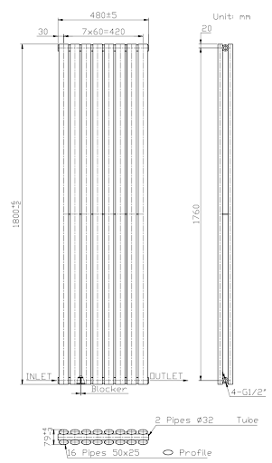 DuraTherm Vertical Oval Tube Double Panel Designer Radiator - 1800 X 480mm Anthracite - Image 7