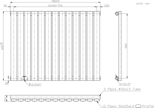 DuraTherm Horizontal Oval Tube Single Panel Designer Radiator -600 X 780mm Anthracite - Image 7