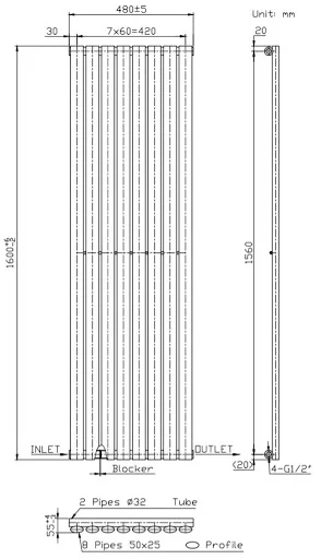 DuraTherm Vertical Oval Tube Single Panel Designer Radiator - 1600 X 480mm White - Image 7