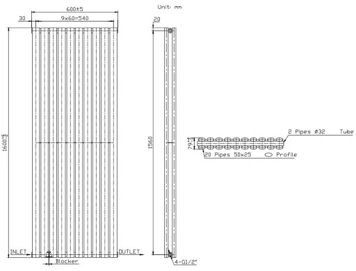 DuraTherm Vertical Oval Tube Double Panel Designer Radiator - 1600 X 600mm White - Image 7