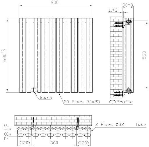 DuraTherm Horizontal Oval Tube Double Panel Designer Radiator - 600 X 600mm Black - Image 4