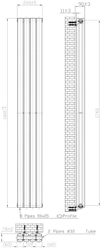 DuraTherm Vertical Oval Tube Double Panel Designer Radiator - 1800 X 240mm Black - Image 4