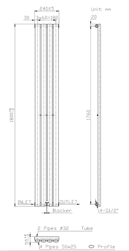 DuraTherm Vertical Oval Tube Single Panel Designer Radiator - 1800 X 240mm Anthracite - Image 7