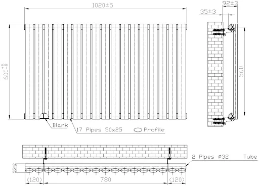 DuraTherm Horizontal Oval Tube Single Panel Designer Radiator - 600 X 1020mm Black - Image 4