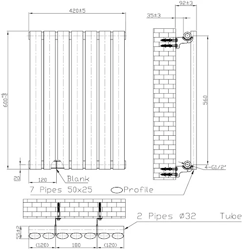 DuraTherm Horizontal Oval Tube Single Panel Designer Radiator - 600 X 420mm Black - Image 4
