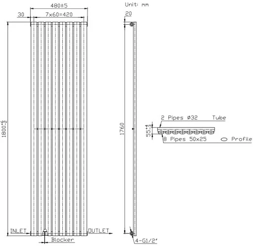 DuraTherm Vertical Oval Tube Single Panel Designer Radiator - 1800 X 480mm White - Image 7