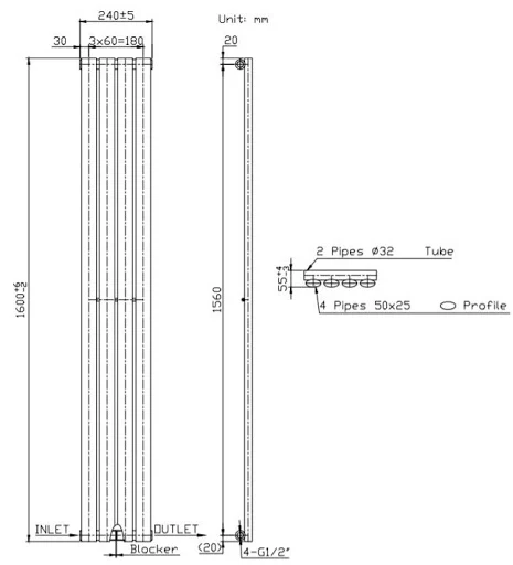 DuraTherm Vertical Oval Tube Single Panel Designer Radiator - 1600 X 240mm White - Image 7