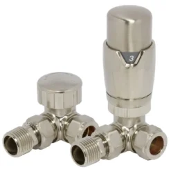 Towelrads Brushed Nickel 15mm Corner TRV And Lockshield Set - 129024