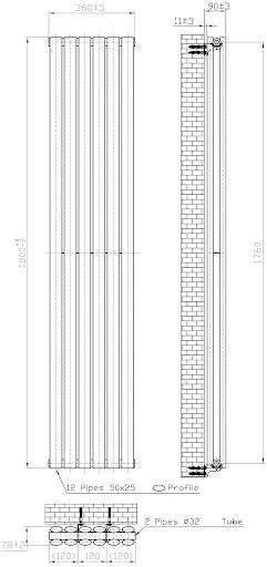 DuraTherm Vertical Oval Tube Double Panel Designer Radiator - 1800 X 360mm Black - Image 4
