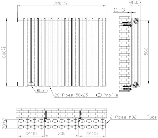 DuraTherm Horizontal Oval Tube Double Panel Designer Radiator - 600 X 780mm Black - Image 4
