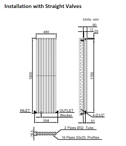 DuraTherm Vertical Oval Tube Double Panel Designer Radiator - 1800 X 480mm Anthracite - Image 8