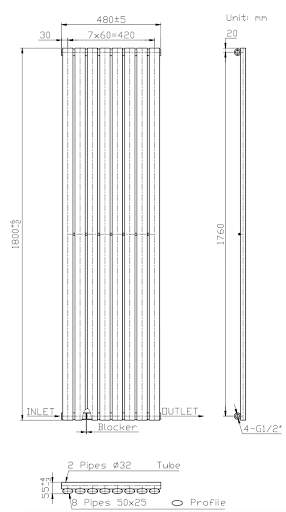 DuraTherm Vertical Oval Tube Single Panel Designer Radiator - 1800 X 480mm Anthracite - Image 7