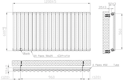 DuraTherm Horizontal Oval Tube Single Panel Designer Radiator - 600 X 1200mm Black - Image 4
